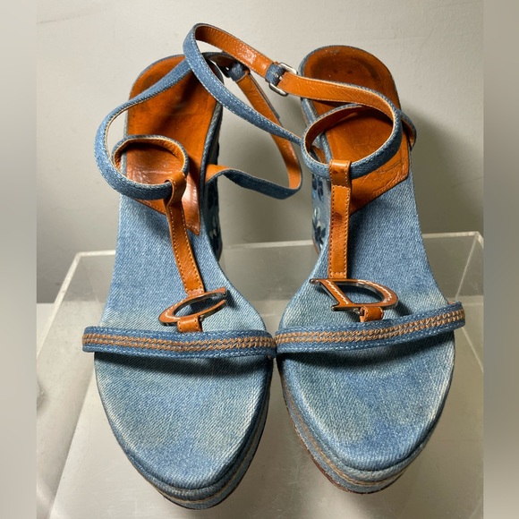 DIOR shoes /DIOR blue denim wedge platform sandals sz 40 us 9.5 made in italy - Picture 10 of 14